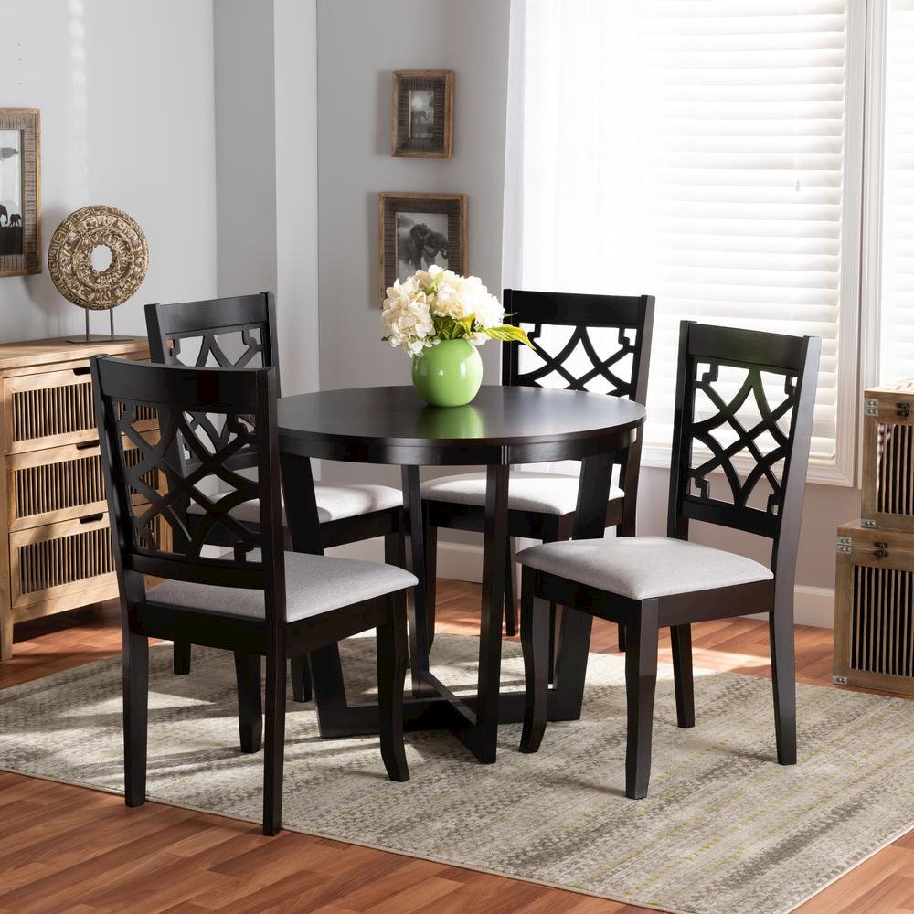 Grey Fabric Upholstered and Dark Brown Finished Wood 5-Piece Dining Set. Picture 14