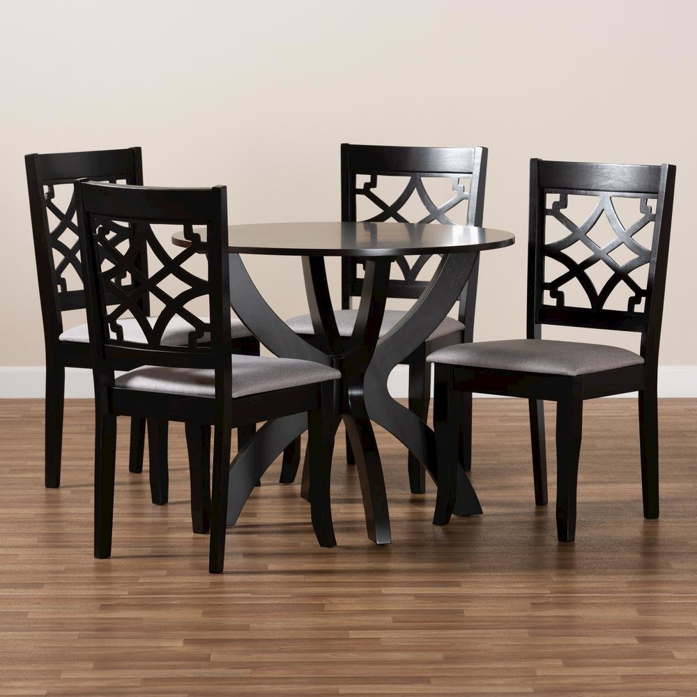 Grey Fabric Upholstered and Dark Brown Finished Wood 5-Piece Dining Set. Picture 15