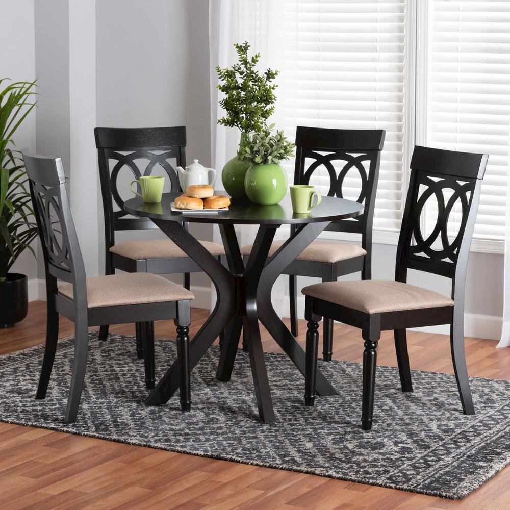 Jessie Modern Sand Fabric and Dark Brown Finished Wood 5-Piece Dining Set. Picture 18