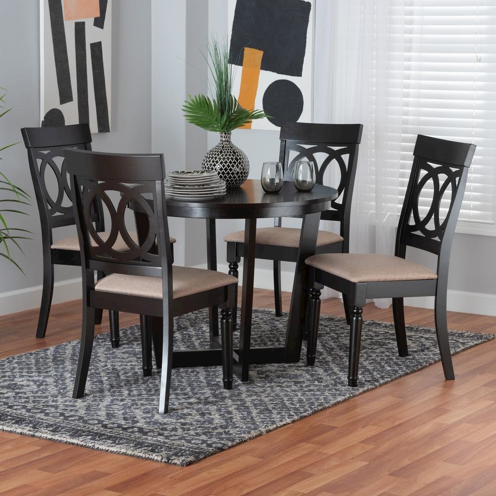 Estelle Modern Beige Fabric and Dark Brown Finished Wood 5-Piece Dining Set. Picture 18