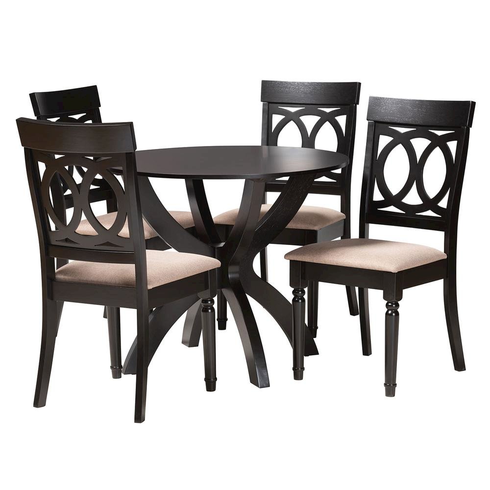 Velia Modern Sand Fabric and Dark Brown Finished Wood 5-Piece Dining Set. Picture 11