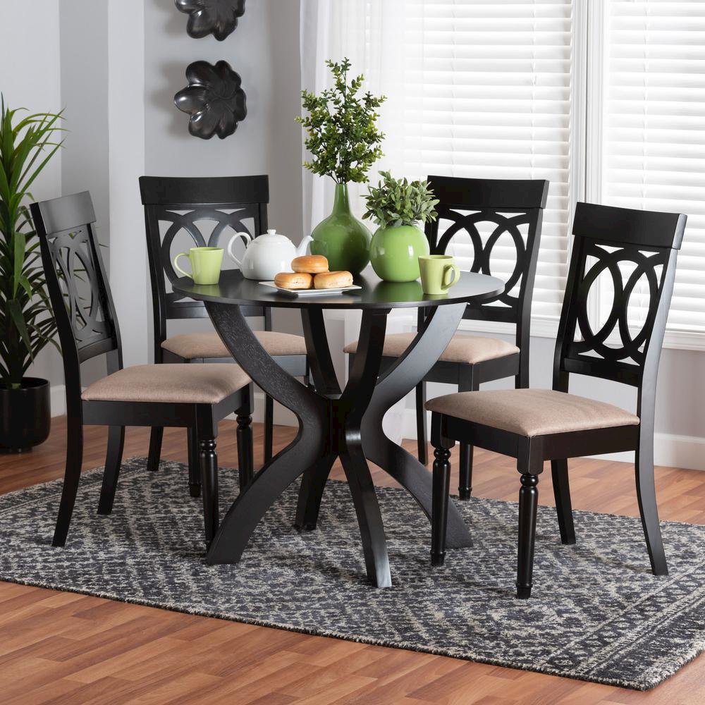 Velia Modern Sand Fabric and Dark Brown Finished Wood 5-Piece Dining Set. Picture 18