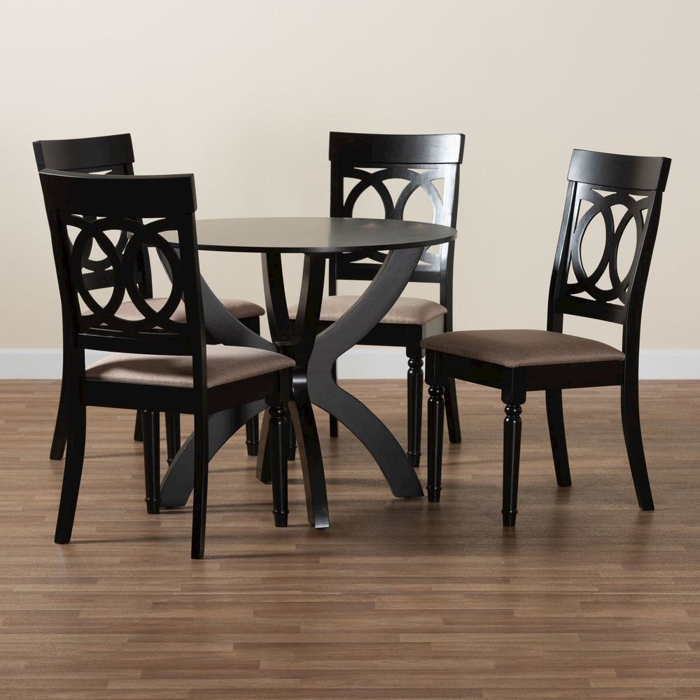 Velia Modern Sand Fabric and Dark Brown Finished Wood 5-Piece Dining Set. Picture 19