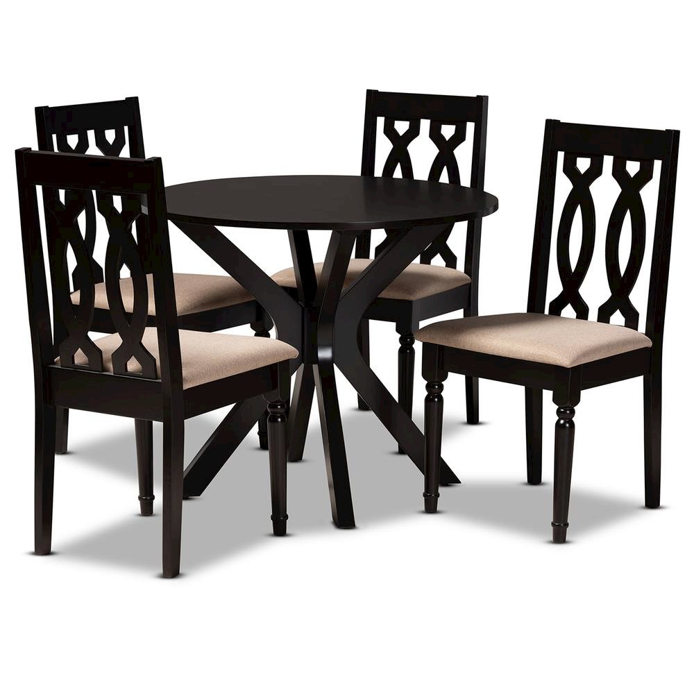 Sand Fabric Upholstered and Dark Brown Finished Wood 5-Piece Dining Set. Picture 10