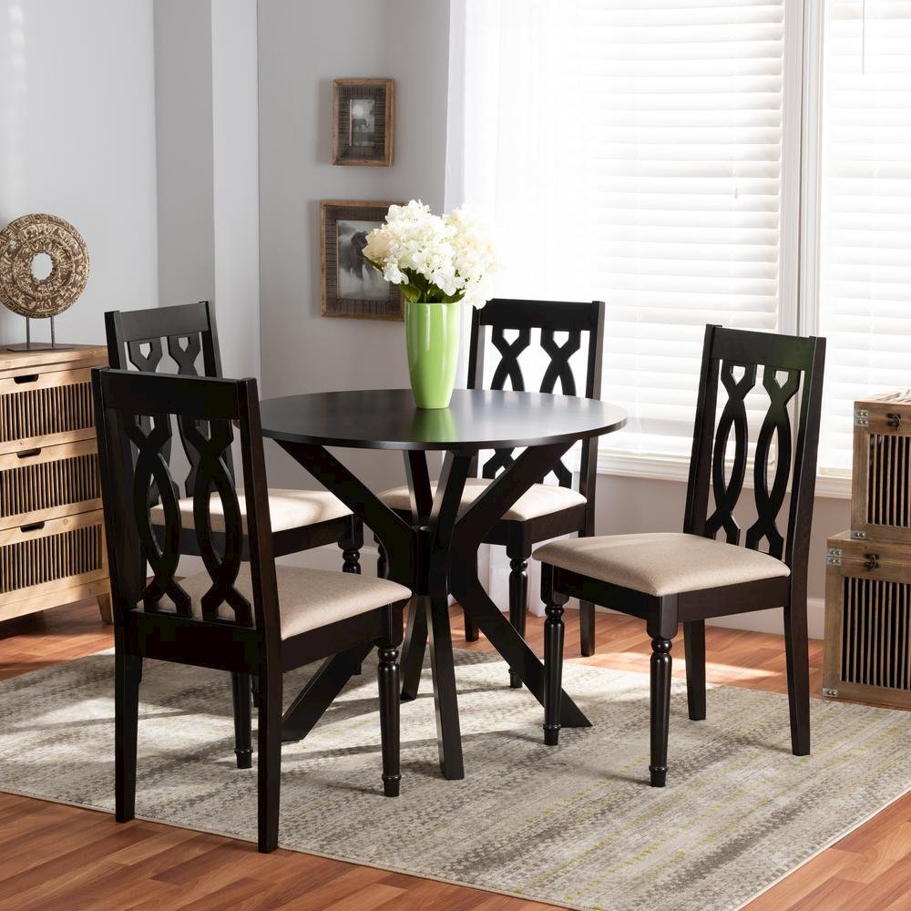 Sand Fabric Upholstered and Dark Brown Finished Wood 5-Piece Dining Set. Picture 16