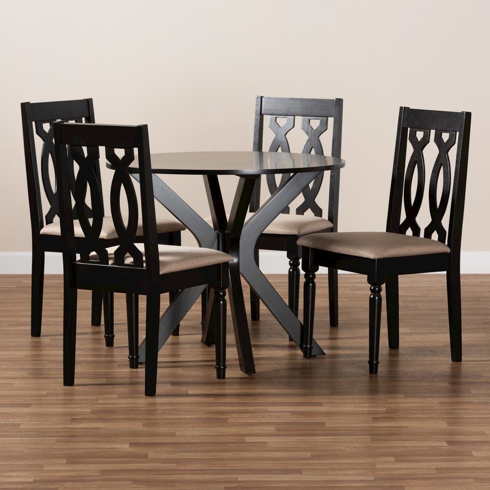 Sand Fabric Upholstered and Dark Brown Finished Wood 5-Piece Dining Set. Picture 17