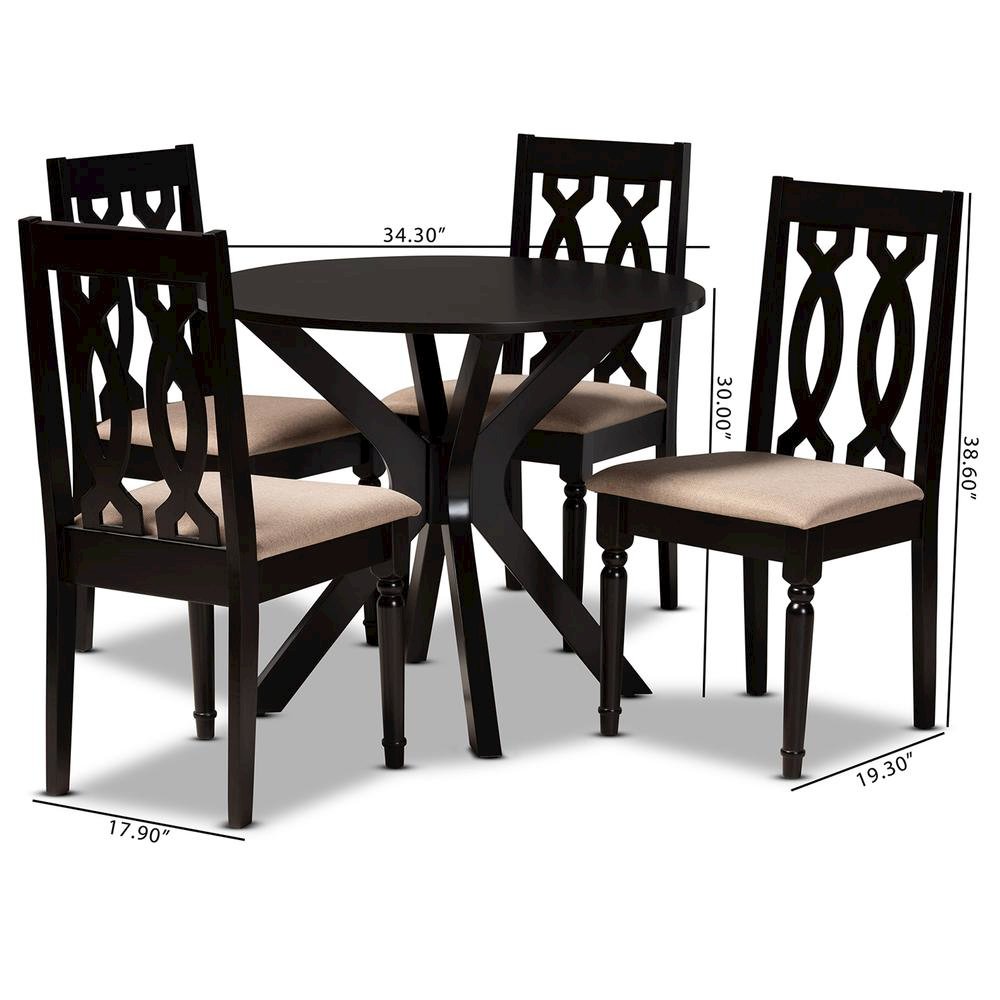 Sand Fabric Upholstered and Dark Brown Finished Wood 5-Piece Dining Set. Picture 18