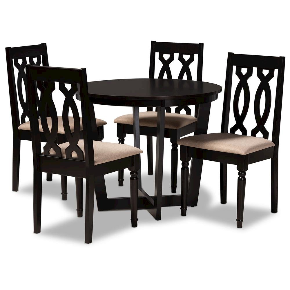 Sand Fabric Upholstered and Dark Brown Finished Wood 5-Piece Dining Set. Picture 10