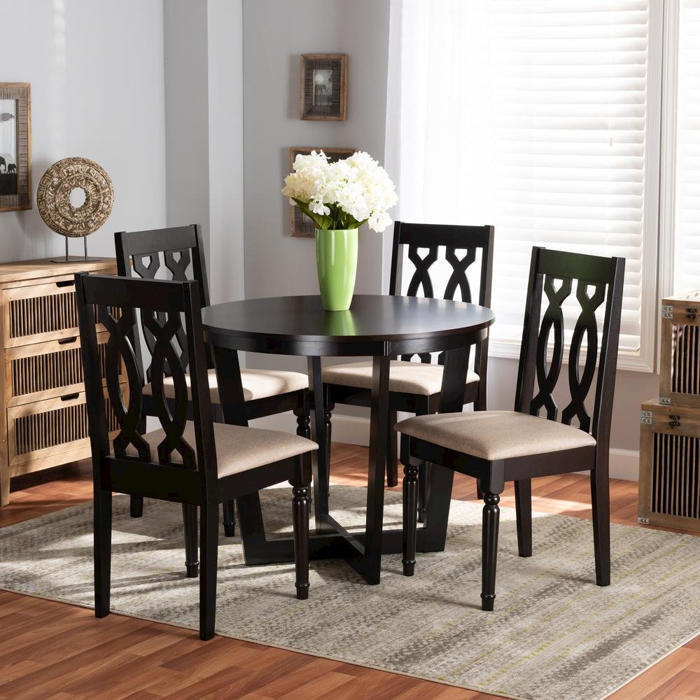 Sand Fabric Upholstered and Dark Brown Finished Wood 5-Piece Dining Set. Picture 16