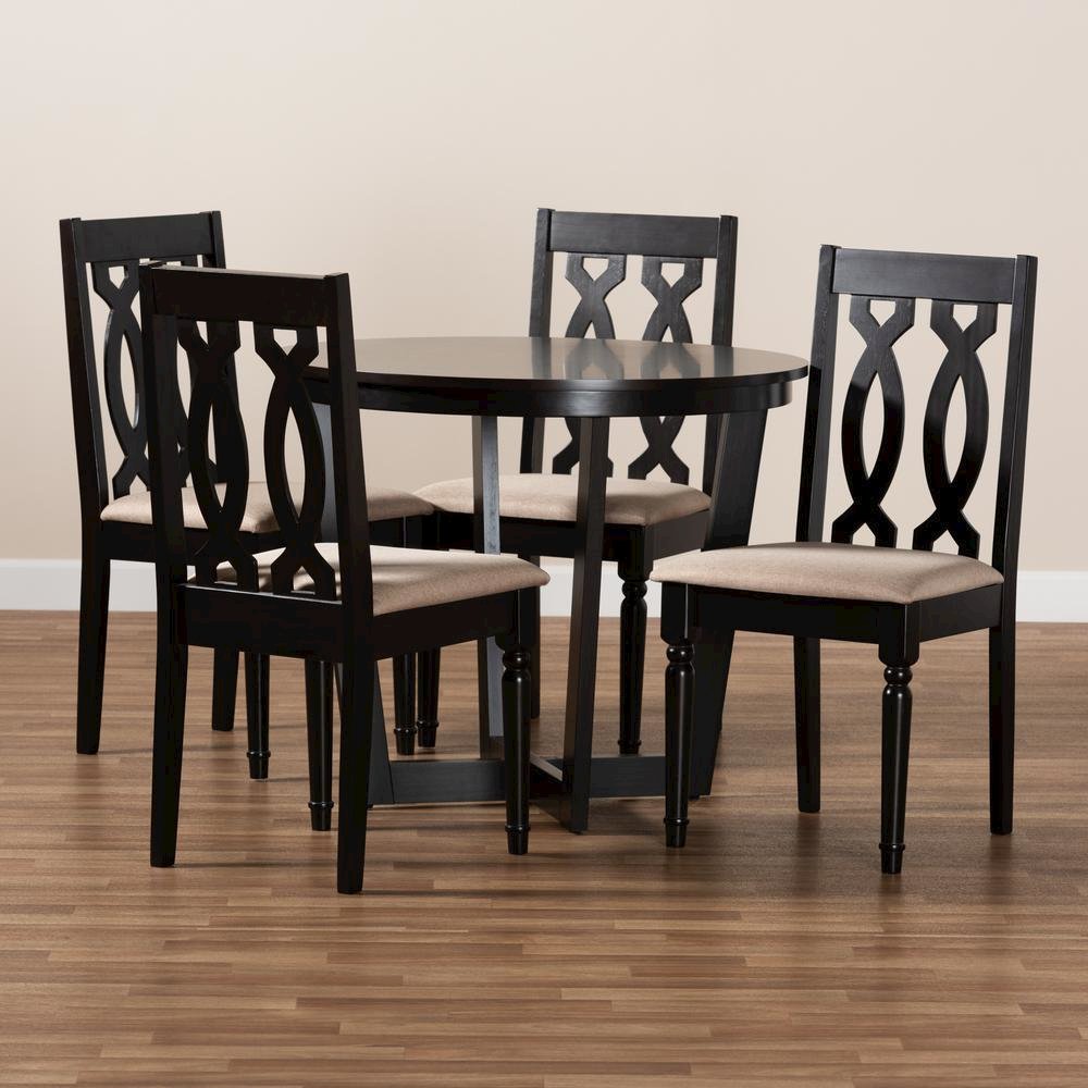 Sand Fabric Upholstered and Dark Brown Finished Wood 5-Piece Dining Set. Picture 17