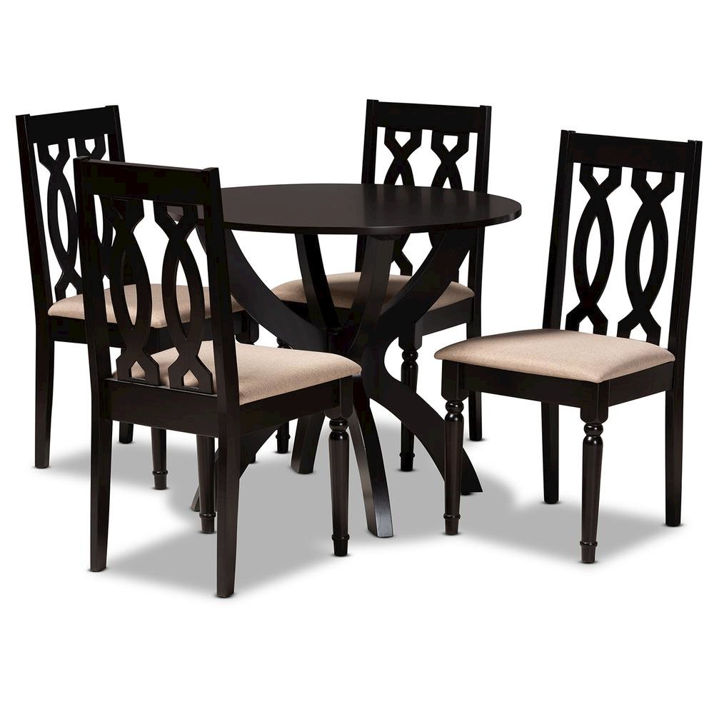Sand Fabric Upholstered and Dark Brown Finished Wood 5-Piece Dining Set. Picture 10