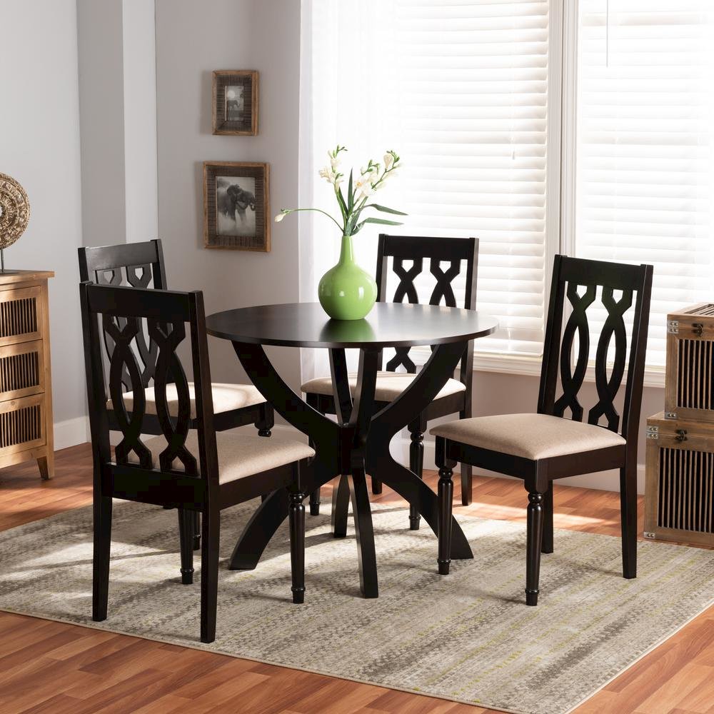 Sand Fabric Upholstered and Dark Brown Finished Wood 5-Piece Dining Set. Picture 16