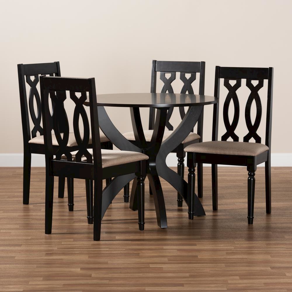 Sand Fabric Upholstered and Dark Brown Finished Wood 5-Piece Dining Set. Picture 17