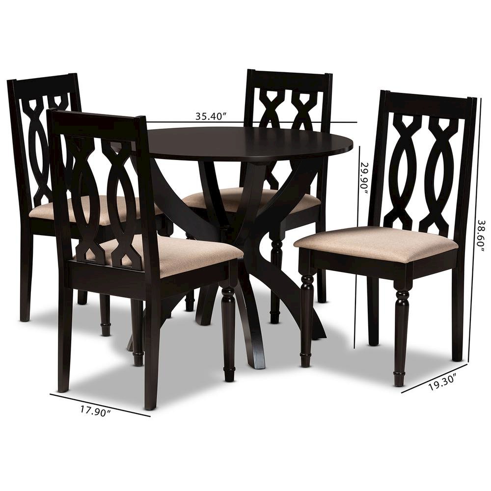 Sand Fabric Upholstered and Dark Brown Finished Wood 5-Piece Dining Set. Picture 18