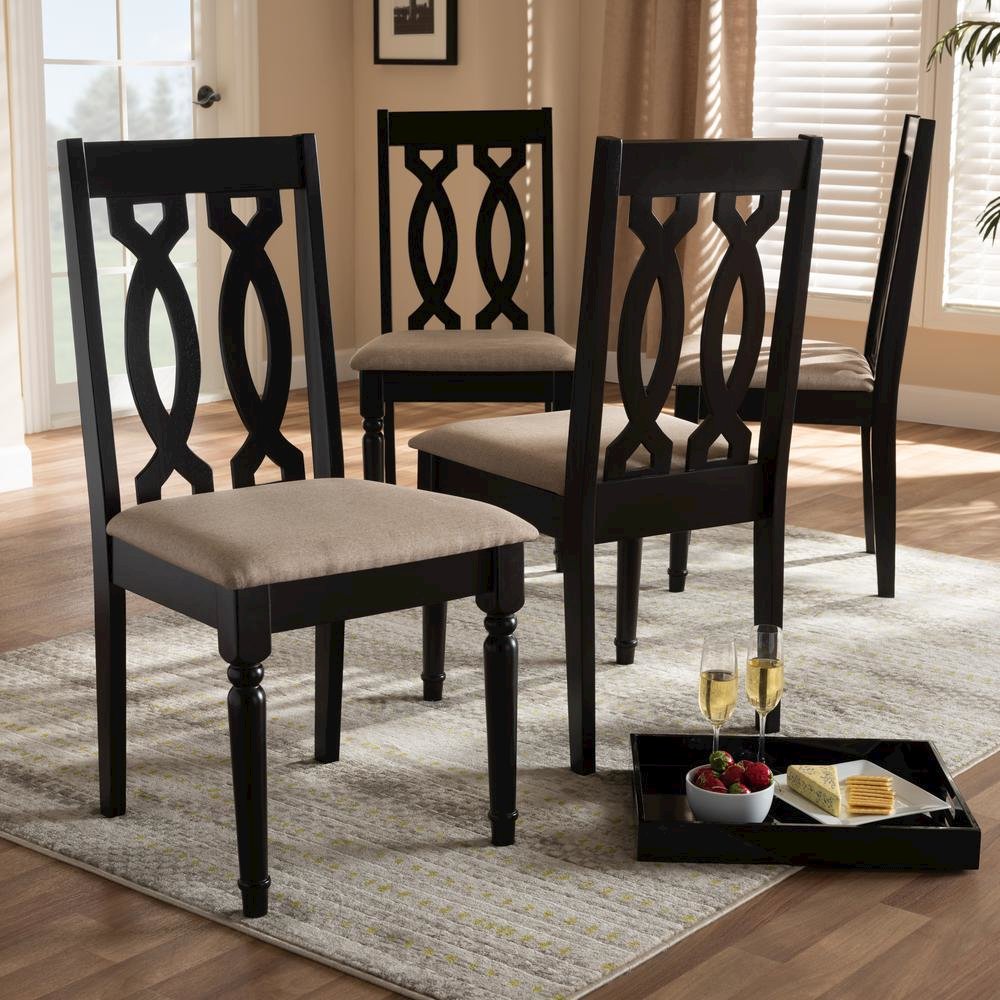 Sand Fabric Upholstered Espresso Brown Finished Wood Dining Chair Set of 4. Picture 10