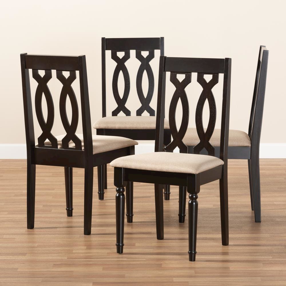Sand Fabric Upholstered Espresso Brown Finished Wood Dining Chair Set of 4. Picture 7