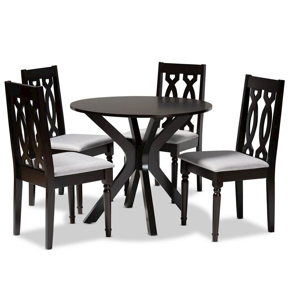 Grey Fabric Upholstered and Dark Brown Finished Wood 5-Piece Dining Set. Picture 10
