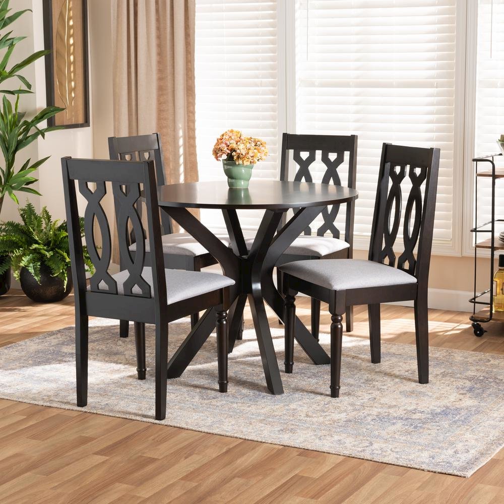 Grey Fabric Upholstered and Dark Brown Finished Wood 5-Piece Dining Set. Picture 16
