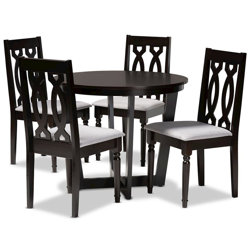 Grey Fabric Upholstered and Dark Brown Finished Wood 5-Piece Dining Set. Picture 10