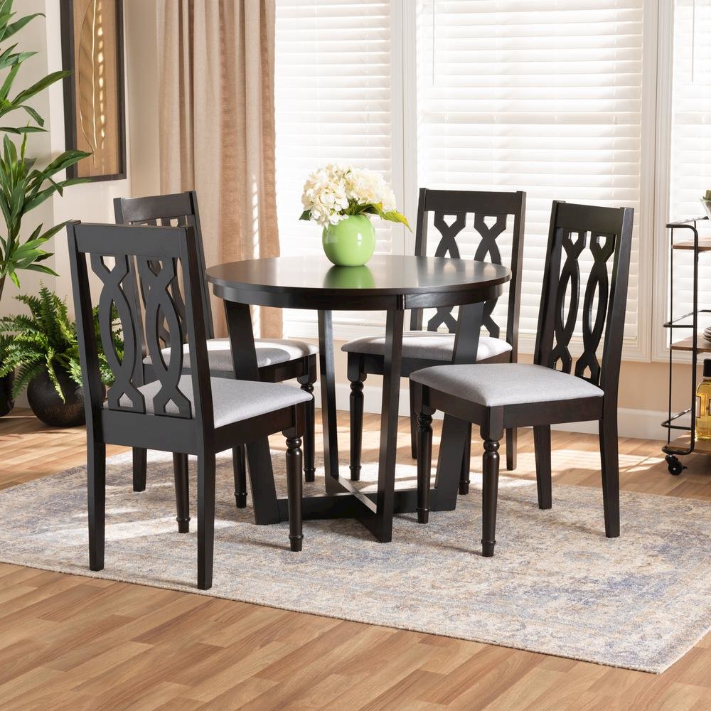 Grey Fabric Upholstered and Dark Brown Finished Wood 5-Piece Dining Set. Picture 16