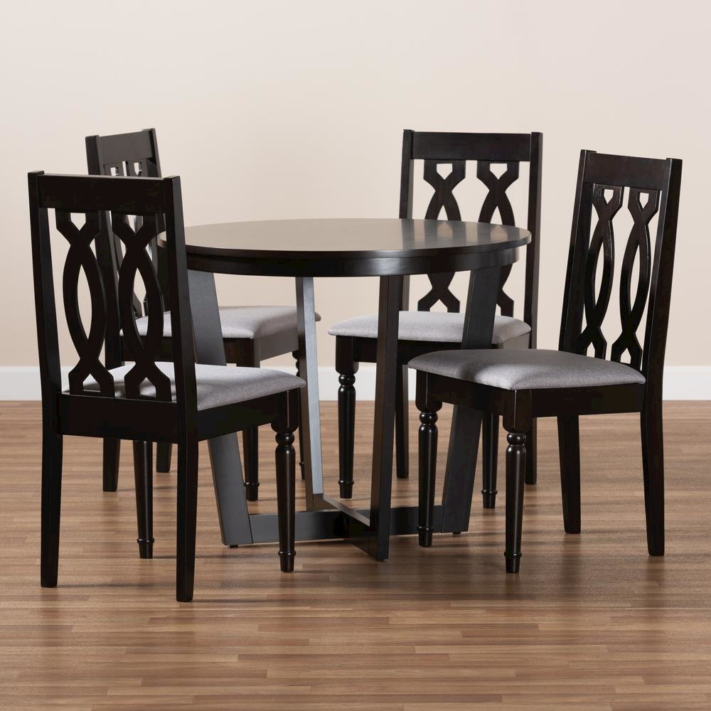 Grey Fabric Upholstered and Dark Brown Finished Wood 5-Piece Dining Set. Picture 17