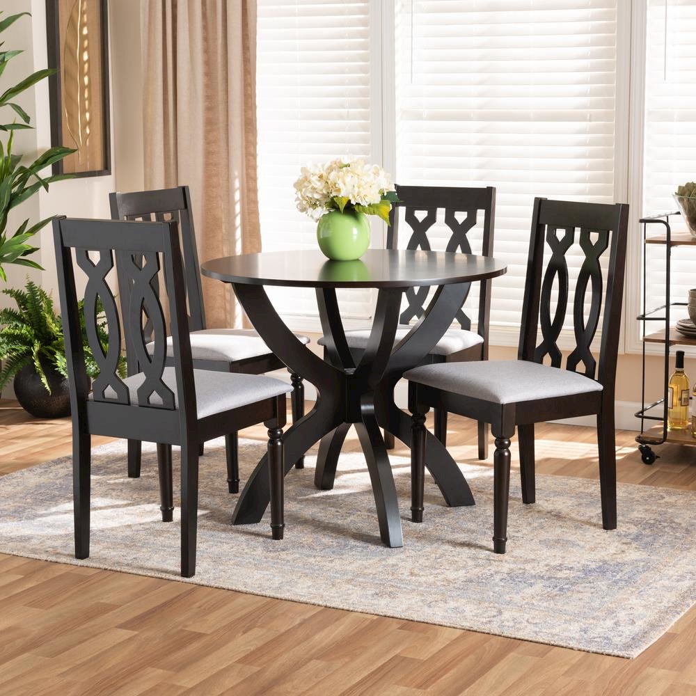 Grey Fabric Upholstered and Dark Brown Finished Wood 5-Piece Dining Set. Picture 16