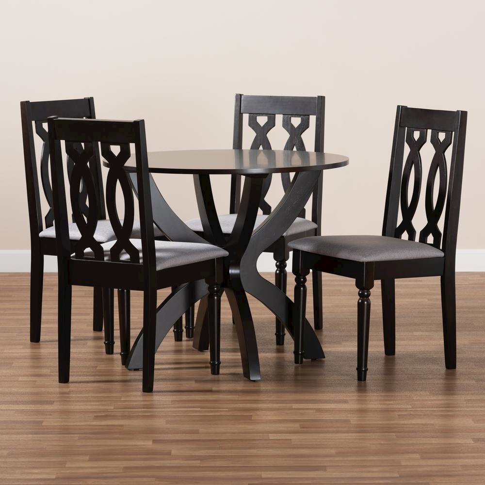 Grey Fabric Upholstered and Dark Brown Finished Wood 5-Piece Dining Set. Picture 17