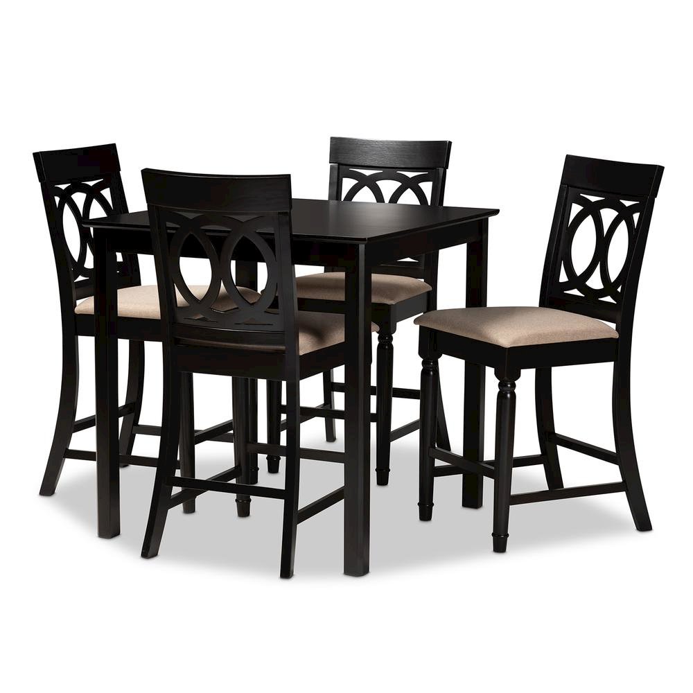 Sand Fabric Upholstered Espresso Brown Finished 5-Piece Wood Pub Set. Picture 9