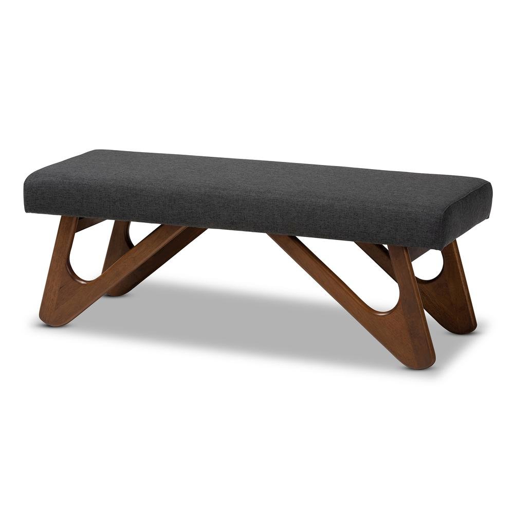Dark Grey Fabric Upholstered Walnut Brown Finished Boomerang Bench. Picture 9