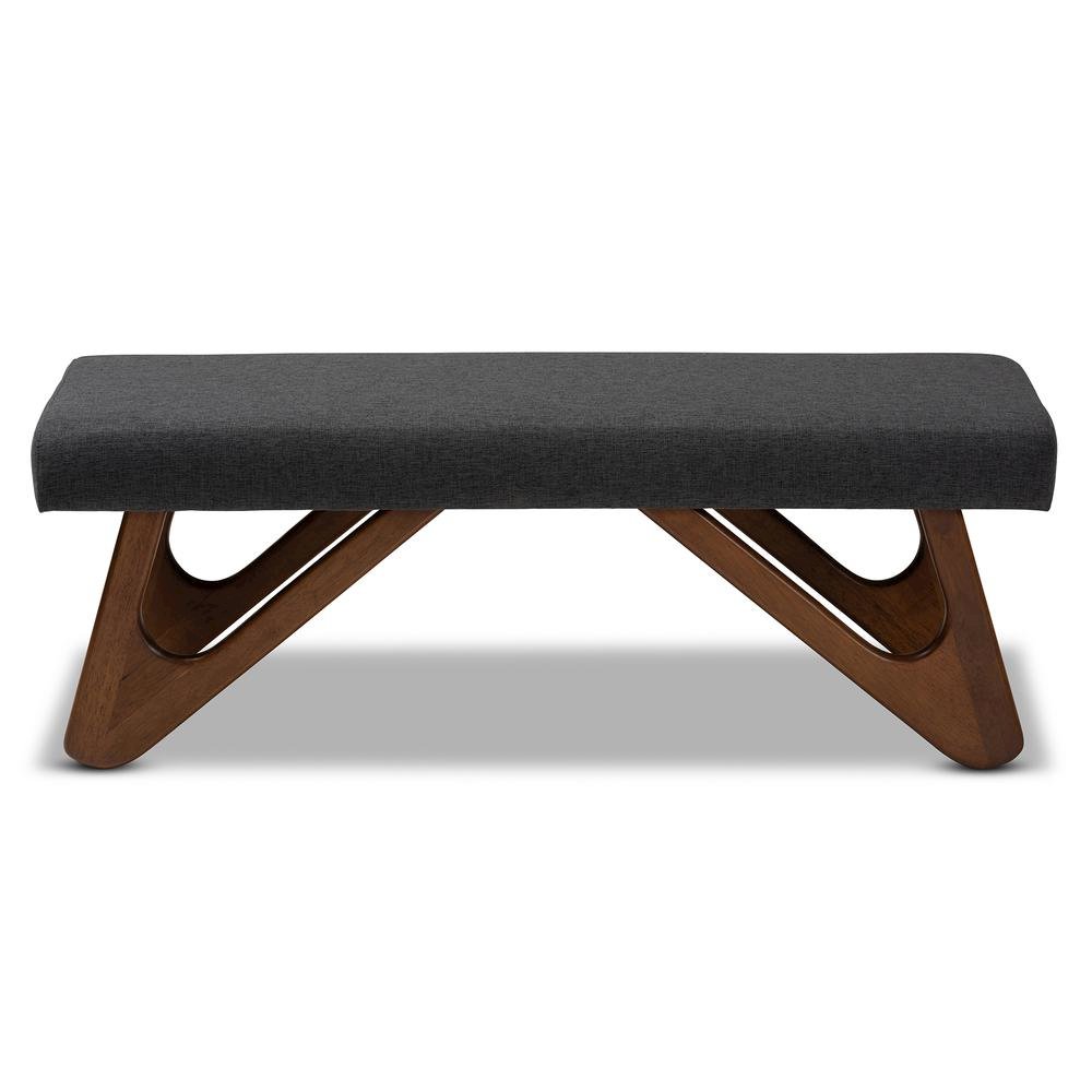 Dark Grey Fabric Upholstered Walnut Brown Finished Boomerang Bench. Picture 10