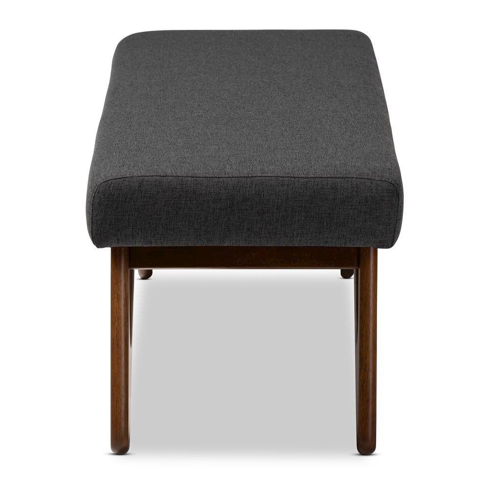 Dark Grey Fabric Upholstered Walnut Brown Finished Boomerang Bench. Picture 11