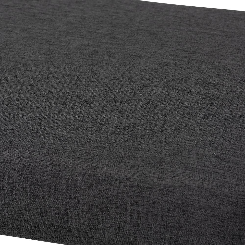Dark Grey Fabric Upholstered Walnut Brown Finished Boomerang Bench. Picture 12