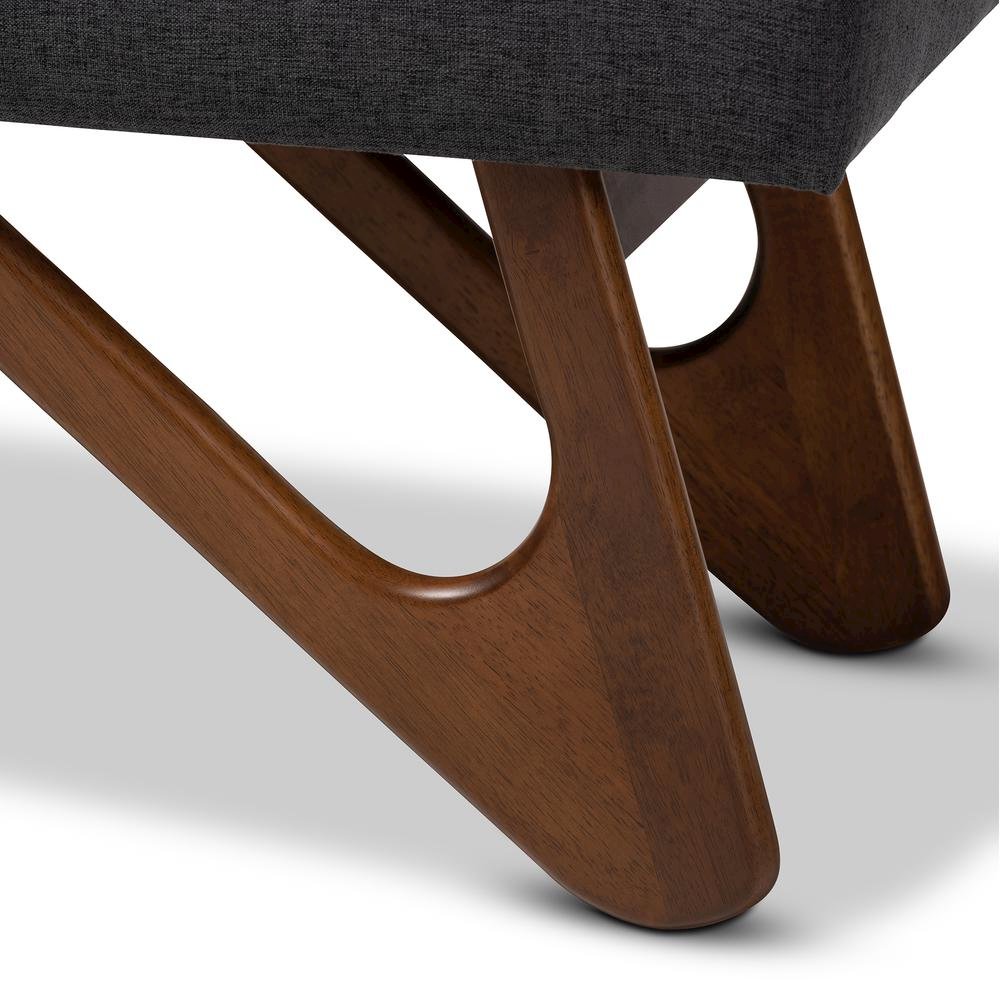 Dark Grey Fabric Upholstered Walnut Brown Finished Boomerang Bench. Picture 13