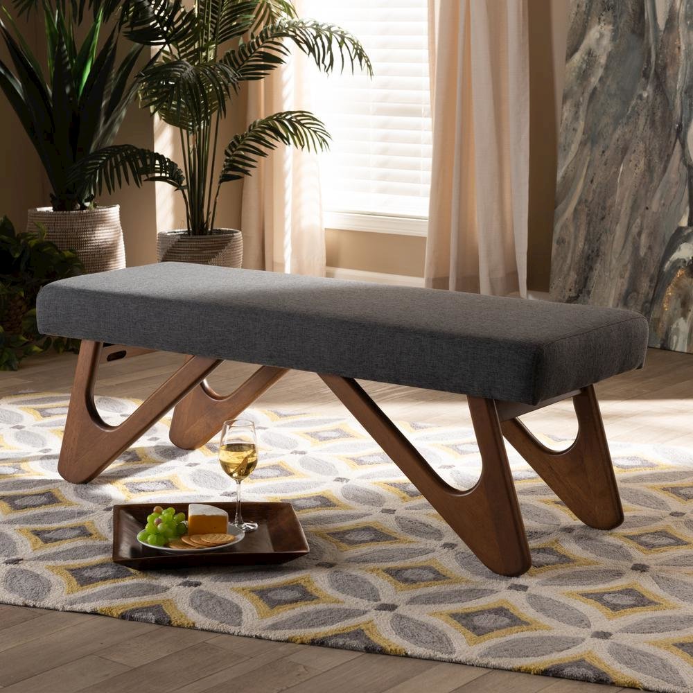 Dark Grey Fabric Upholstered Walnut Brown Finished Boomerang Bench. Picture 14