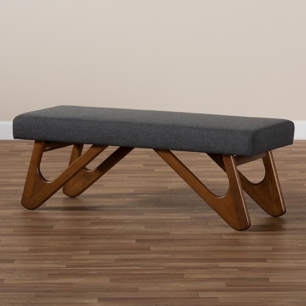 Dark Grey Fabric Upholstered Walnut Brown Finished Boomerang Bench. Picture 15