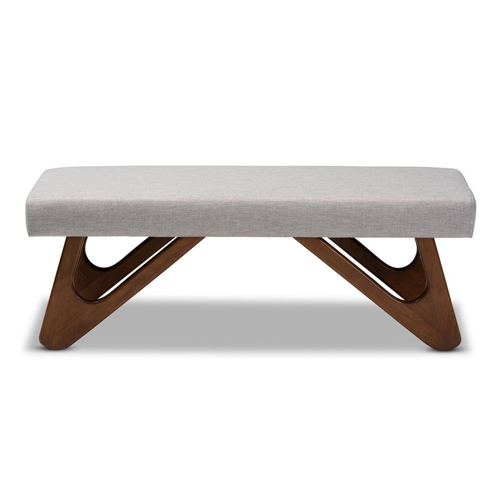 Greyish Beige Fabric Upholstered Walnut Brown Finished Boomerang Bench. Picture 10