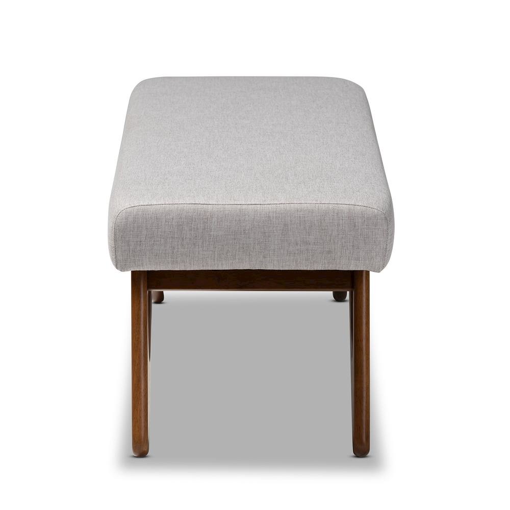Greyish Beige Fabric Upholstered Walnut Brown Finished Boomerang Bench. Picture 11