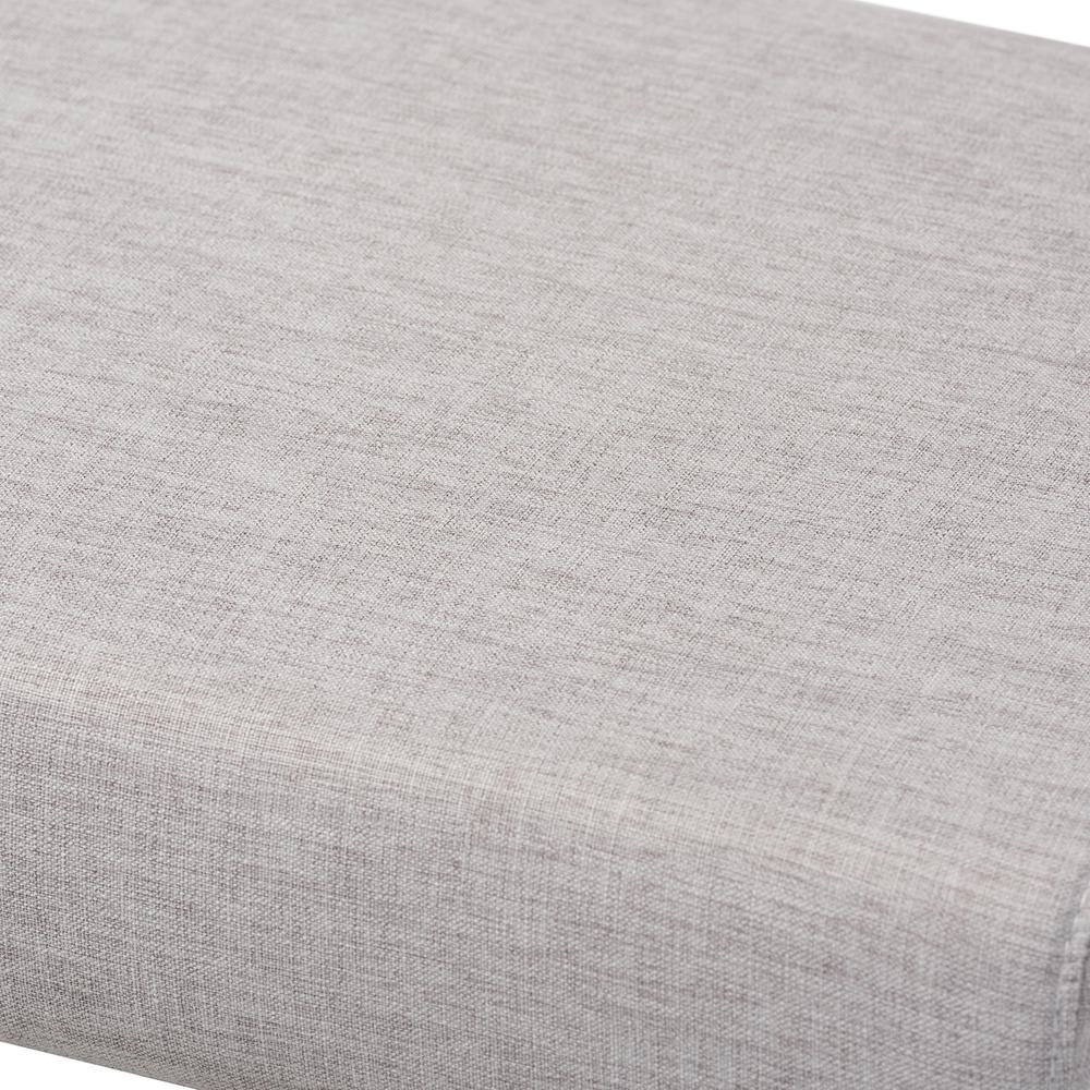 Greyish Beige Fabric Upholstered Walnut Brown Finished Boomerang Bench. Picture 12