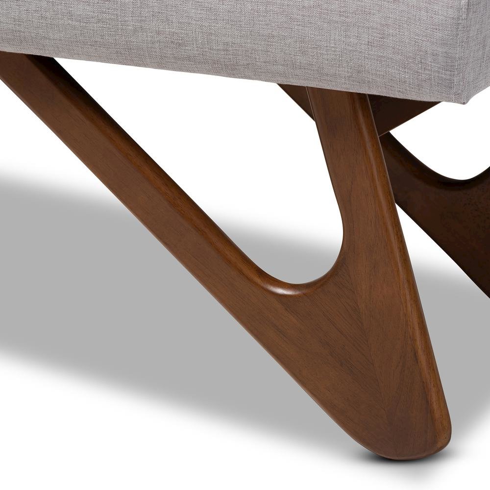 Greyish Beige Fabric Upholstered Walnut Brown Finished Boomerang Bench. Picture 13