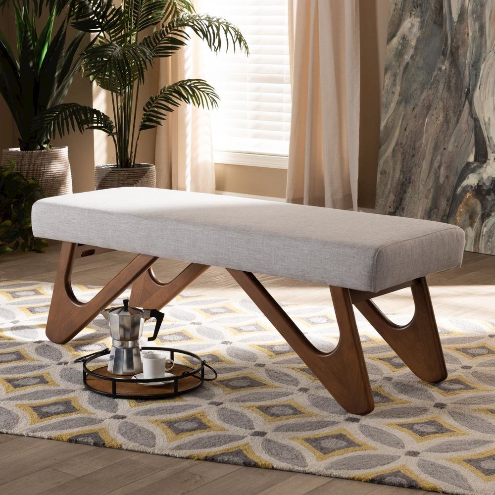Greyish Beige Fabric Upholstered Walnut Brown Finished Boomerang Bench. Picture 14