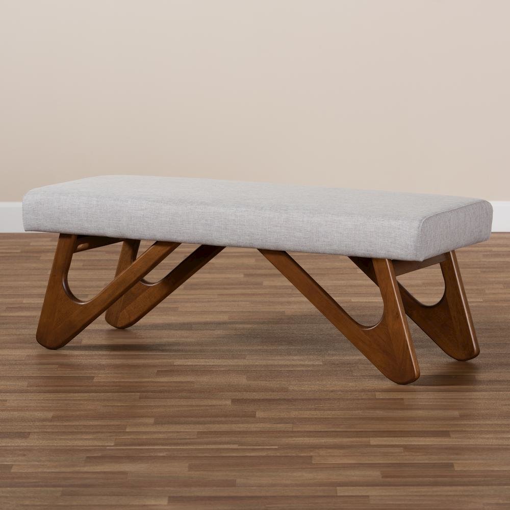 Greyish Beige Fabric Upholstered Walnut Brown Finished Boomerang Bench. Picture 15