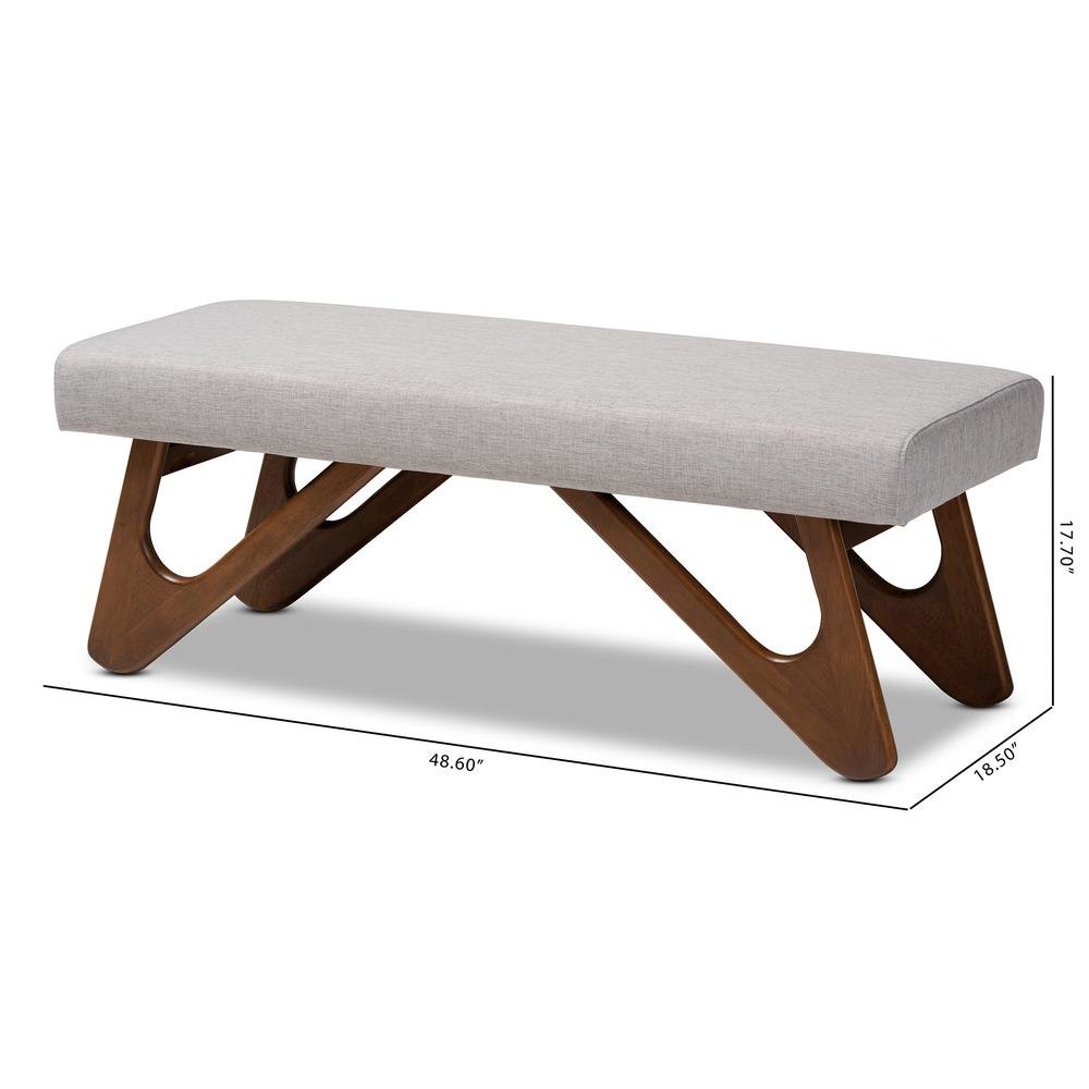 Greyish Beige Fabric Upholstered Walnut Brown Finished Boomerang Bench. Picture 16