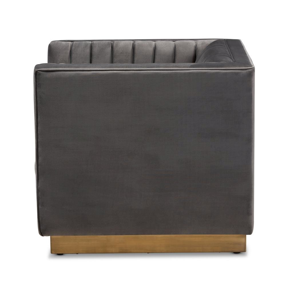 Luxe Grey Velvet Fabric Upholstered Brushed Gold Finished Armchair. Picture 12