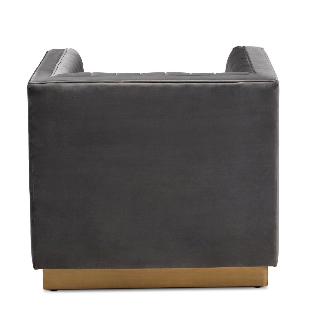 Luxe Grey Velvet Fabric Upholstered Brushed Gold Finished Armchair. Picture 13