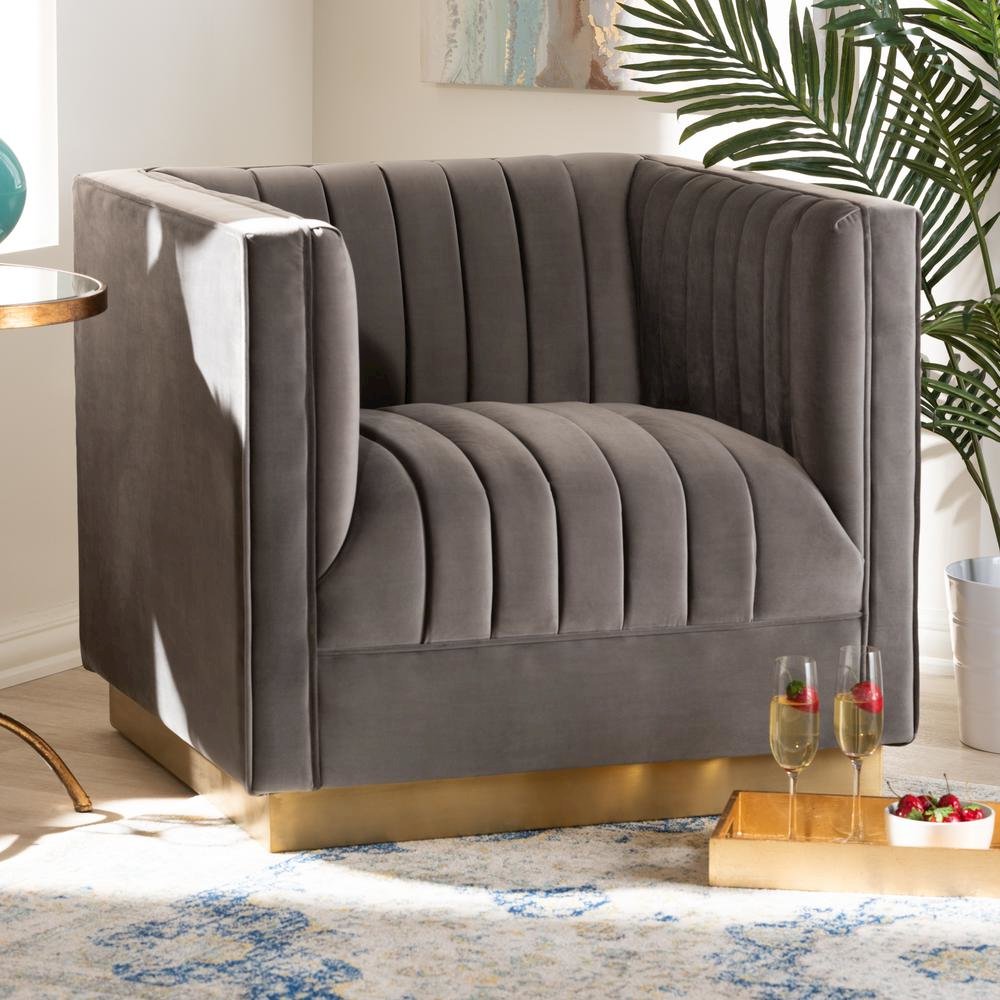 Luxe Grey Velvet Fabric Upholstered Brushed Gold Finished Armchair. Picture 16