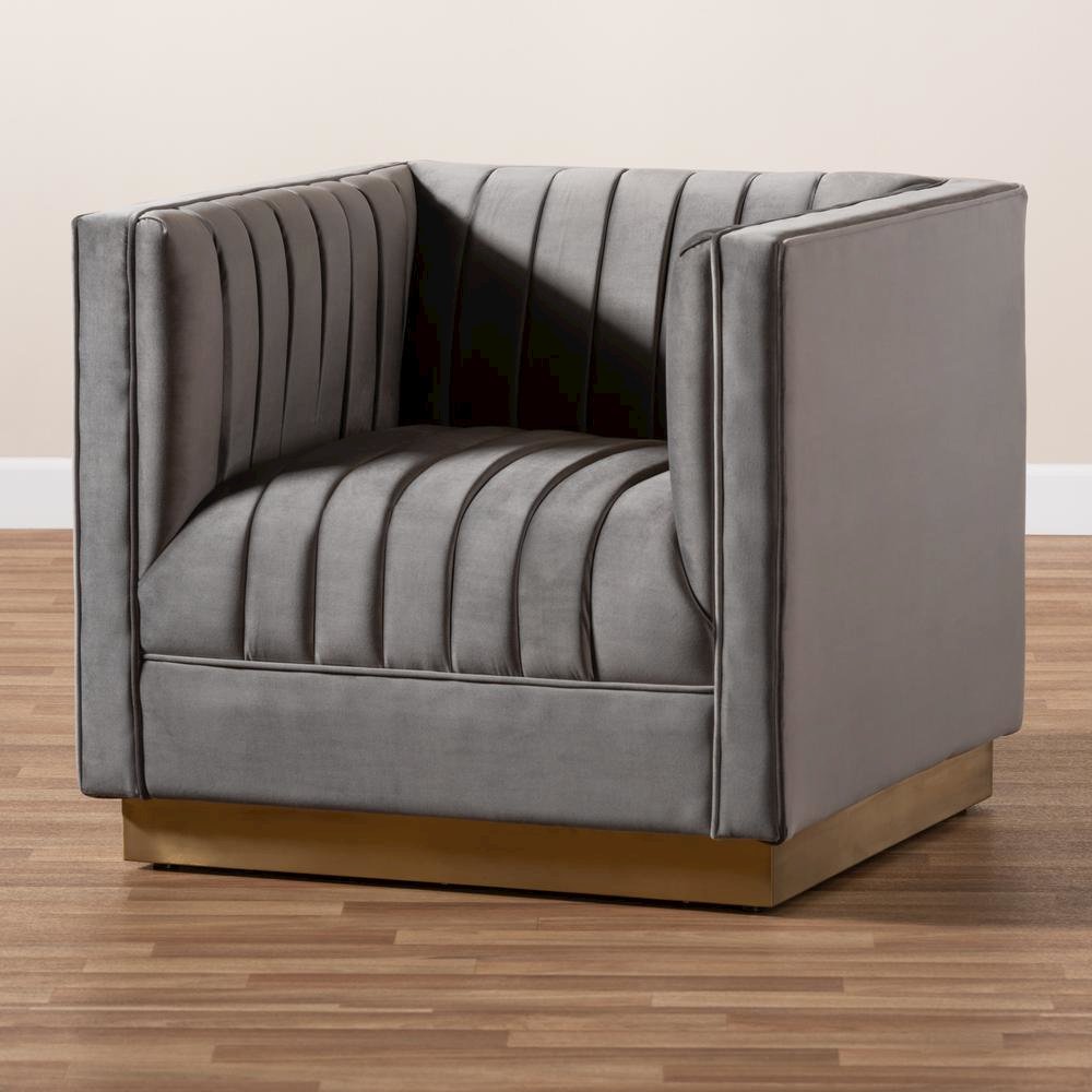 Luxe Grey Velvet Fabric Upholstered Brushed Gold Finished Armchair. Picture 10