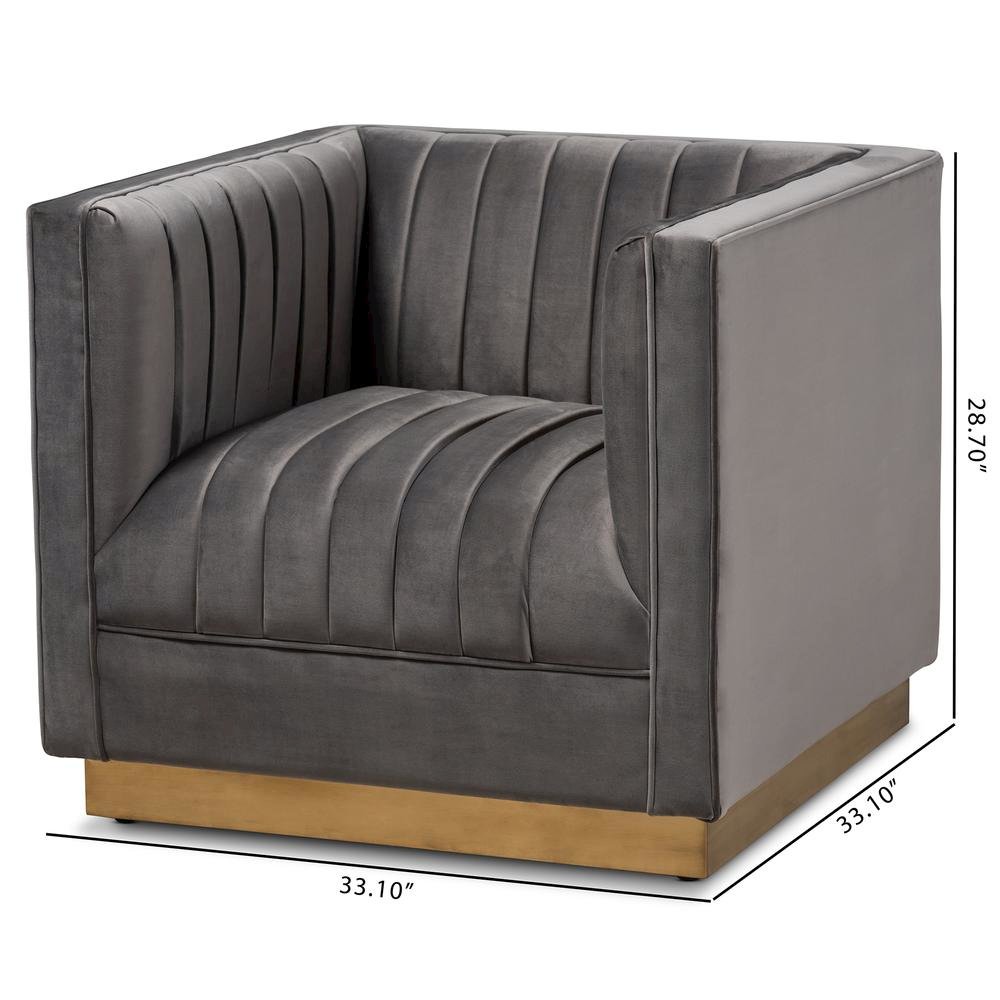 Luxe Grey Velvet Fabric Upholstered Brushed Gold Finished Armchair. Picture 18