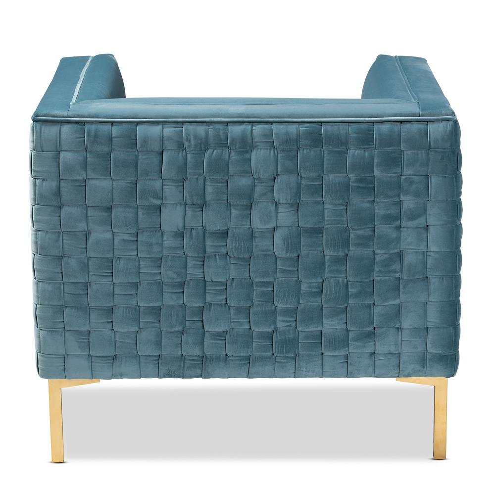 Luxe Light Blue Velvet Fabric Upholstered Gold Finished Armchair. Picture 13
