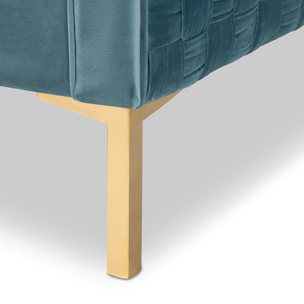 Luxe Light Blue Velvet Fabric Upholstered Gold Finished Armchair. Picture 15