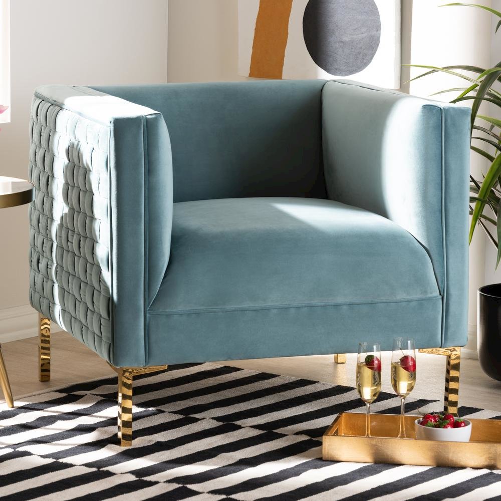 Luxe Light Blue Velvet Fabric Upholstered Gold Finished Armchair. Picture 16